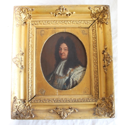 244 - English School (C19th); Portrait of Louis X1V, head and shoulder in Ermine, oil on oval oak panel, i... 