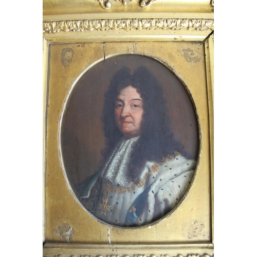 244 - English School (C19th); Portrait of Louis X1V, head and shoulder in Ermine, oil on oval oak panel, i... 