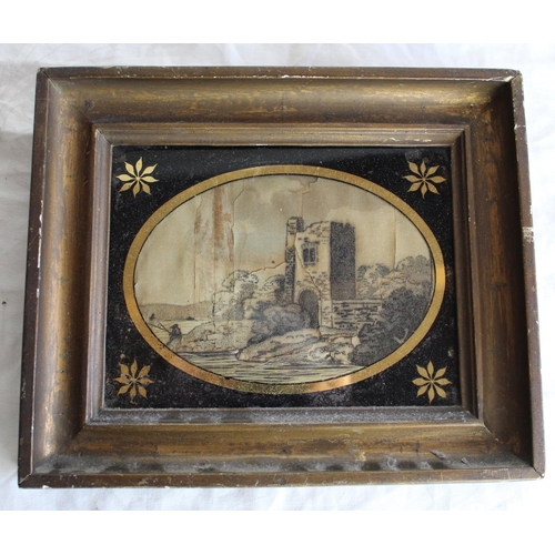 249 - C19th woven silk picture of an Angler by a ruined castle in verre églomisé frame, a/f, a pair of sim... 