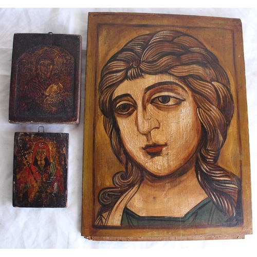 250 - C20th Icons - George & Dragon, Madonna & Child and portrait of Madonna, and two others, all unframed... 