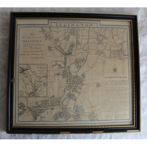 255 - Hollowed out leather bound book, two museum issue maps of Islington and a rosewood framed print Ross... 