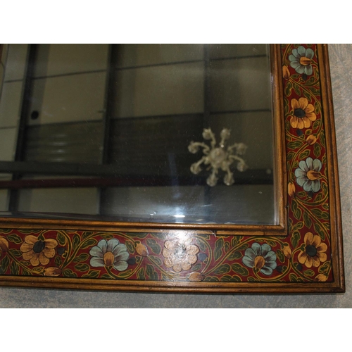 256 - Wall mirror, upright rectangular bevelled plate in floral painted frame, W79cm H99cm