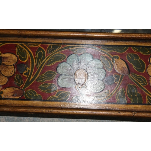 256 - Wall mirror, upright rectangular bevelled plate in floral painted frame, W79cm H99cm