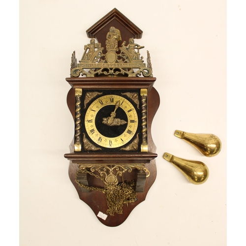 525 - F.H.S.- C20th German mahogany wall clock, applied brass Roman chapter ring, spandrels and barley twi... 