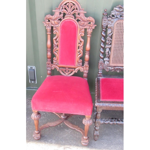 614 - Pair of French oak hall chairs with upholstered back panel and seat on turned supports with X stretc... 