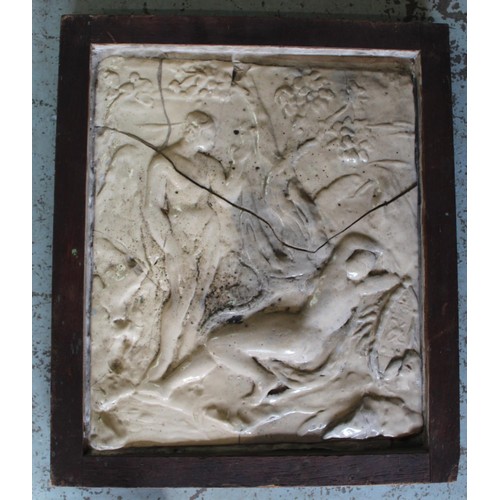 259 - Ceramic plaque, relief decorated with Adam & Eve in the Garden of Eden, in wooden frame, 58cm x 50cm