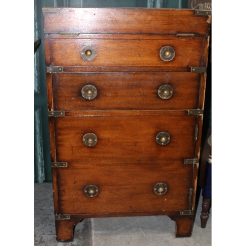 261 - C20th brass bound mahogany Campaign style writing desk, with folding leather lined top above drawers... 