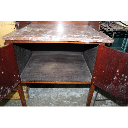 268 - Edwardian inlaid mahogany washstand, marble top with raised back above two doors on square tapered s... 