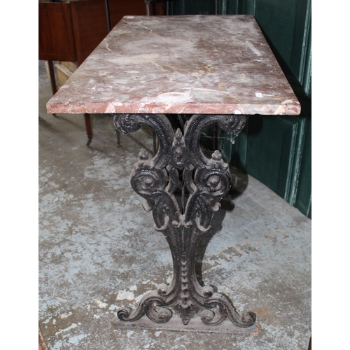 272 - Victorian Conservatory table, rectangular variegated  marble top on pierced vase shaped cast iron en... 