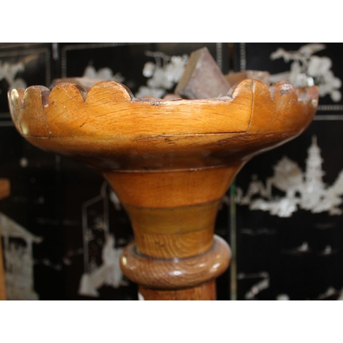 277 - Large Victorian golden oak ecclesiastical candlestand, circular top on stepped circular base and bal... 