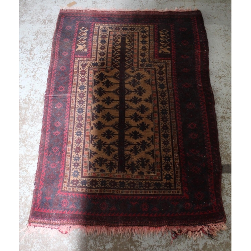 280 - Old Caucasian multicoloured rug, a/f 147cm x 280cm, a red ground prayer rug, geometric field in stri... 