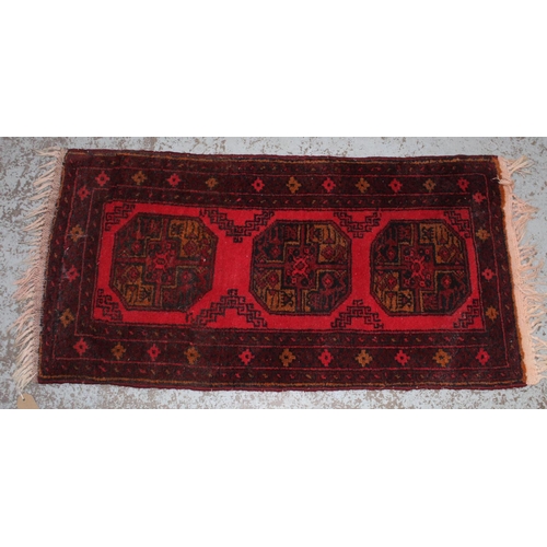 280 - Old Caucasian multicoloured rug, a/f 147cm x 280cm, a red ground prayer rug, geometric field in stri... 