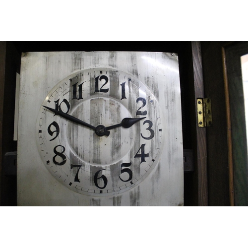 260 - C20th continental oak long case clock, glazed door and square silvered Arabic dial with twin weight ... 