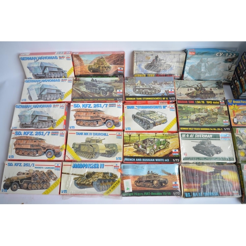 130 - Thirty two unbuilt 1/72 scale plastic armour model kits to include Esci, Revell, Emhar, Italeri etc.... 