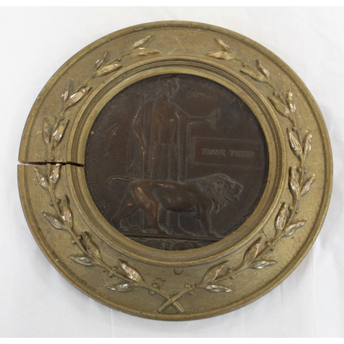 657 - WWI Death Penny in wooden frame with floral design given to the family of FRANK TWEED