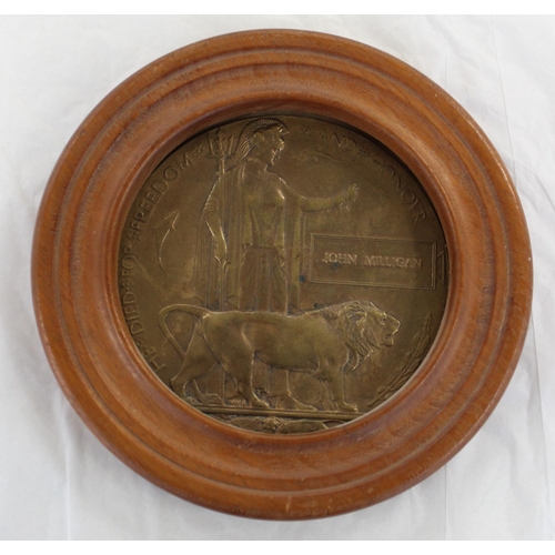 658 - WWI Death Penny in wooden frame given to the family of JOHN MILLIGAN