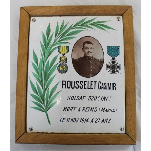 661 - WWI French enamel plaque with photograph of deceased soldier and dates with painted palm leaves, Mil... 