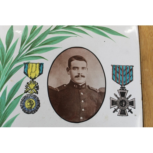 661 - WWI French enamel plaque with photograph of deceased soldier and dates with painted palm leaves, Mil... 