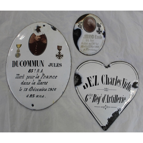 664 - Three WWI French memorial/ grave enamel plaques with photograph of soldiers and dates