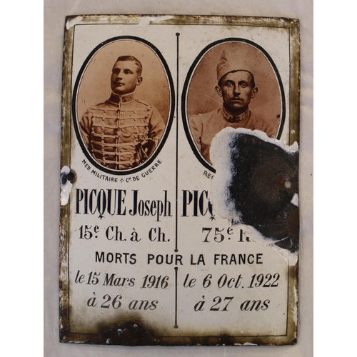 665 - Three WWI French memorial plaques with photographs of soldiers in uniform. One possibly remembering ... 