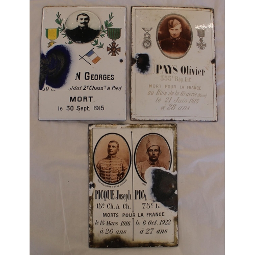 665 - Three WWI French memorial plaques with photographs of soldiers in uniform. One possibly remembering ... 