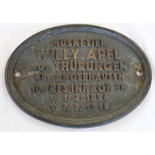 667 - WWI German brass memorial plaques showing name of soldier, rank, regiment and date of birth and deat... 