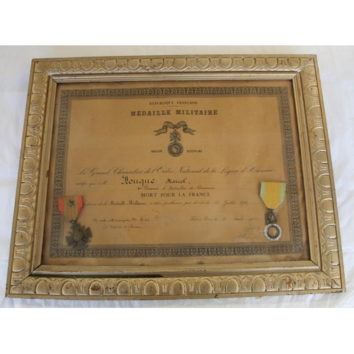 668 - Framed certificate of MEDAILLE MILITAIRE. Awarded to Marcel Hougue in 1949 together with the Croix d... 