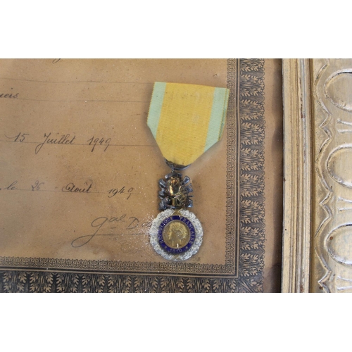 668 - Framed certificate of MEDAILLE MILITAIRE. Awarded to Marcel Hougue in 1949 together with the Croix d... 