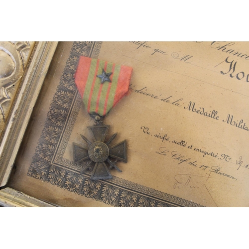 668 - Framed certificate of MEDAILLE MILITAIRE. Awarded to Marcel Hougue in 1949 together with the Croix d... 