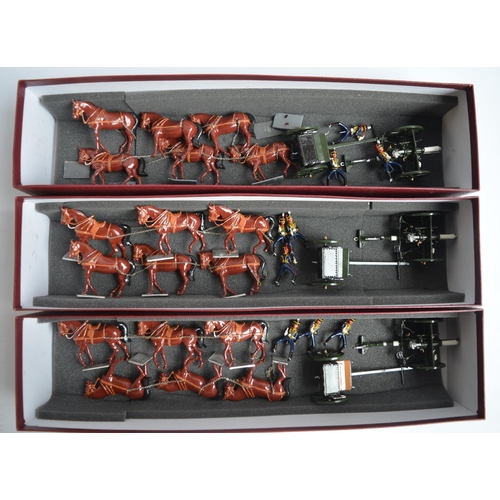 141 - Three cast metal field gun sets with limbers, 6 horses and 3 figures. Sets virtually identical, no m... 