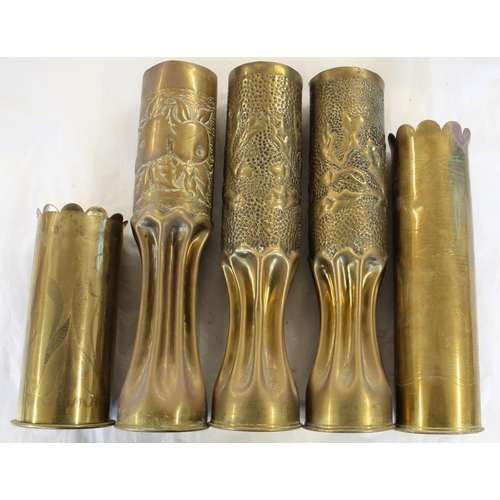 679 - Collection of five Trench Art vases from artillery shells with floral design and Derbyshire Yeomanry