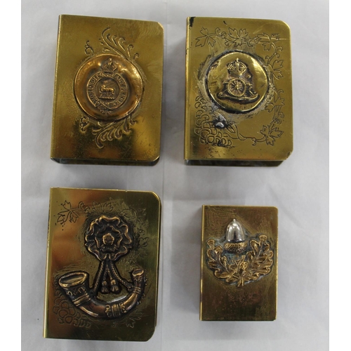 681 - Collection of of four brass matchbox holders, with badges for Sherwood Foresters and Royal Artillery... 