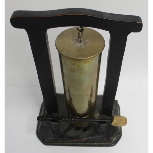 682 - Dinner gong made from WWI shell case with wooden frame  Hight 41cm