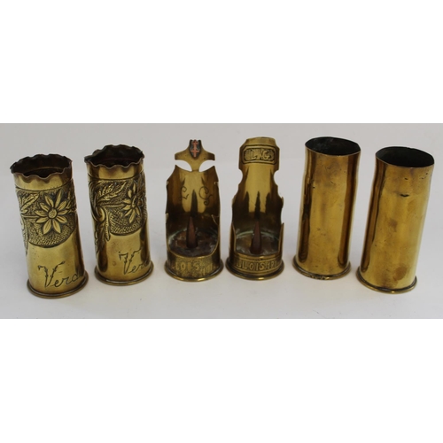 683 - Three pairs of Trench Art 37mm shells , one set plain, one with floral design Verdun and a pair of a... 