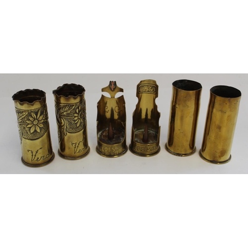 683 - Three pairs of Trench Art 37mm shells , one set plain, one with floral design Verdun and a pair of a... 