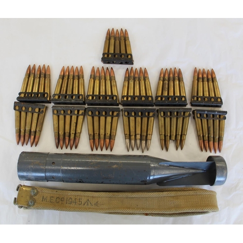 686 - Collection of 13 clips of inert .303 WW2 period rounds, inert training WW2 incendiary bomb, and a da... 