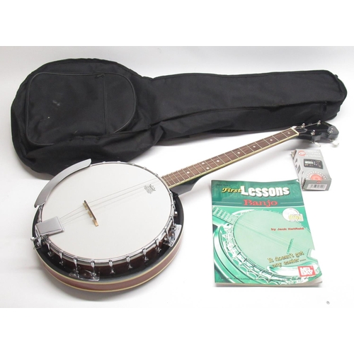 300A - Godman 4 string banjo (lacking 1 string)with Remo Weather King skin together with a padded case, wit... 