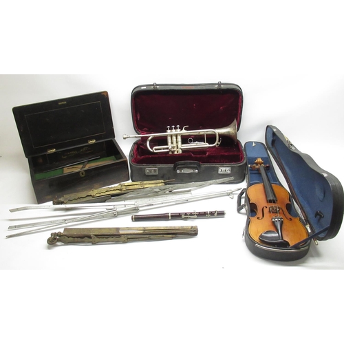 306 - Cased Lark of Shanghai violin and bow, cased 'Parrot' made in China trumpet, H.Y.Potter & Co. wind i... 