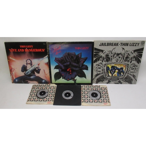 313 - Thin Lizzy vinyl LPs and 45 RPMS - Jailbreak(9102 008), Black Rose(9102 032), Live and Dangerous(664... 