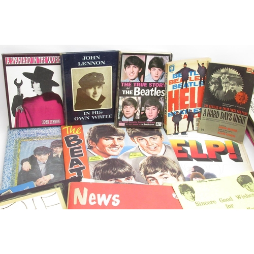 326 - Beatles Memorabilia - mixed collection of scrap books, magazines, poster that has been split in 4, i... 