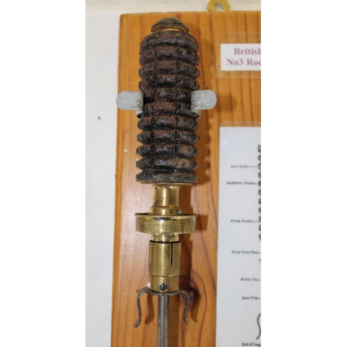 691 - British Hale No3 Rod Grenade. Well presented on pine board with diagrams and the history of the gren... 