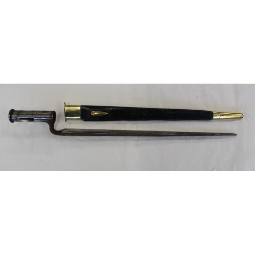 699 - Brown Bess socket bayonet with original leather and brass scabbard. Socket stamped 45 RgT 1809 and b... 