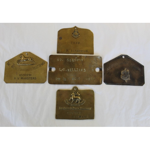 675 - Set of five brass duty/bed plates. Northumberland Fusiliers, Queen's Royal Regiment, West Yorkshire ... 