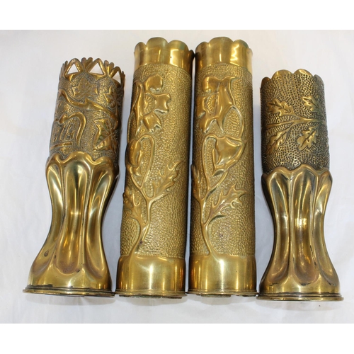 677 - Two pairs of Trench Art vases made from WWI artillery shells. all with floral and leaf design