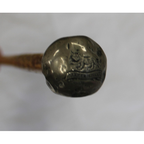 705 - Bamboo Swagger stick with metal top and crest with a tiger and Oakham School. 69cm. Caine Swagger st... 