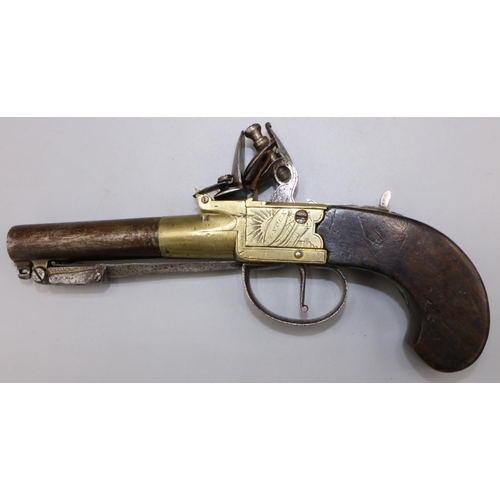 600 - H. Nock of London flintlock pocket pistol, engraved brass action with 2`3/4