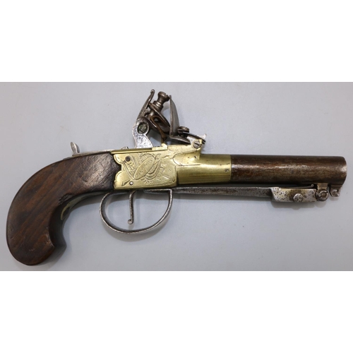 600 - H. Nock of London flintlock pocket pistol, engraved brass action with 2`3/4