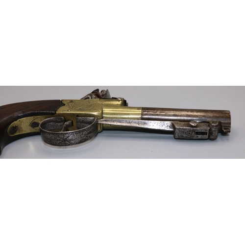 600 - H. Nock of London flintlock pocket pistol, engraved brass action with 2`3/4