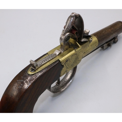 600 - H. Nock of London flintlock pocket pistol, engraved brass action with 2`3/4