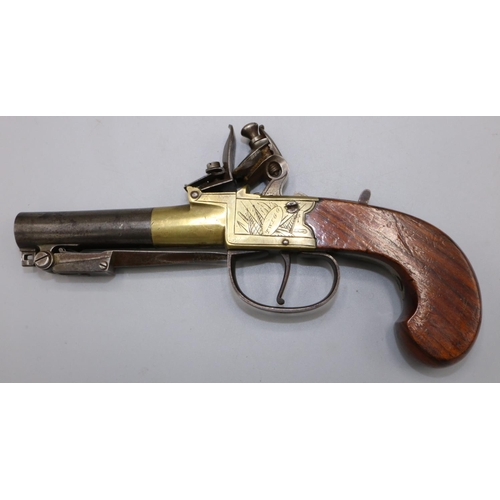 601 - Twigg of London flintlock pocket pistol with engraved brass action, 2 1/2